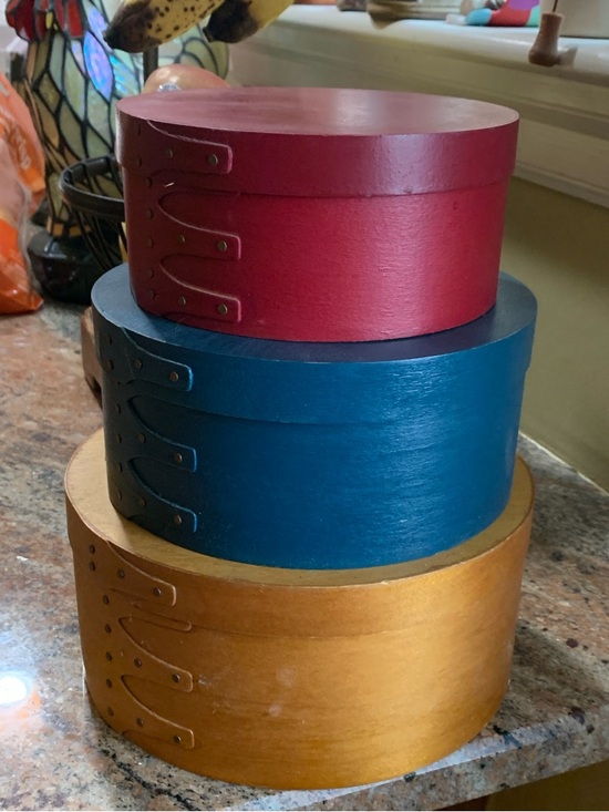 Other - Vintage Lidded Wooden Shaker Nesting Boxes Set Of 3 Bentwood Red Blue Natural